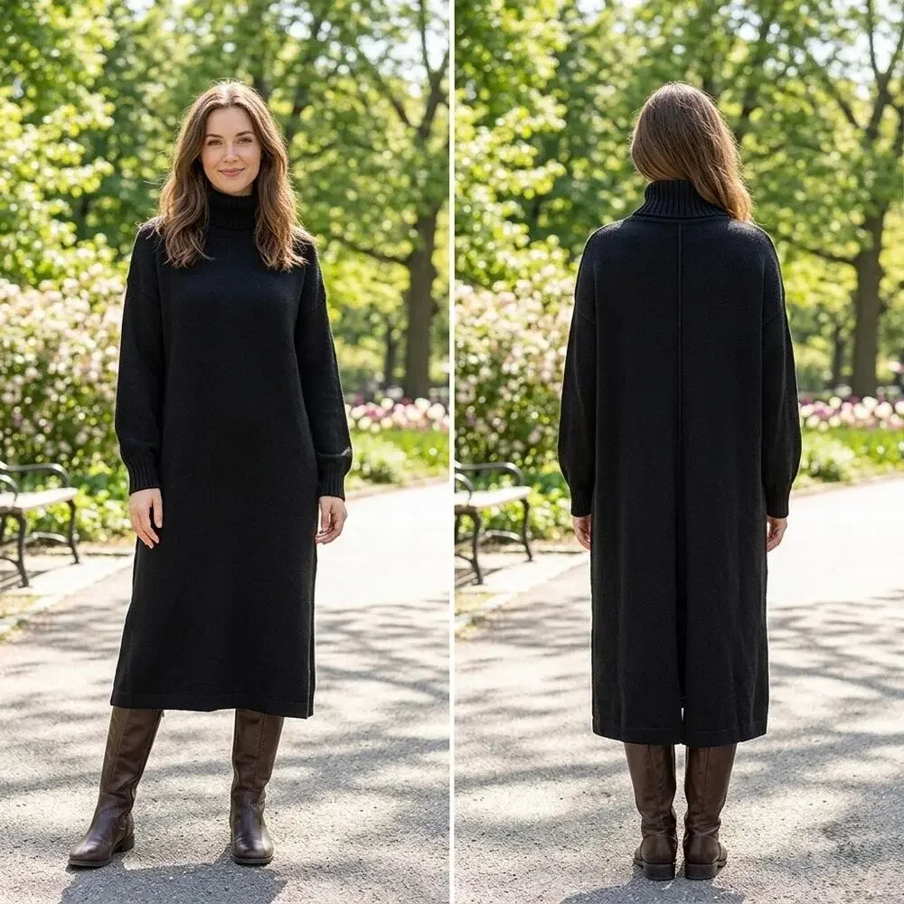 SHEIN Women’s Black Knit Turtleneck Midi Sweater Long Sleeve Dress Size Small